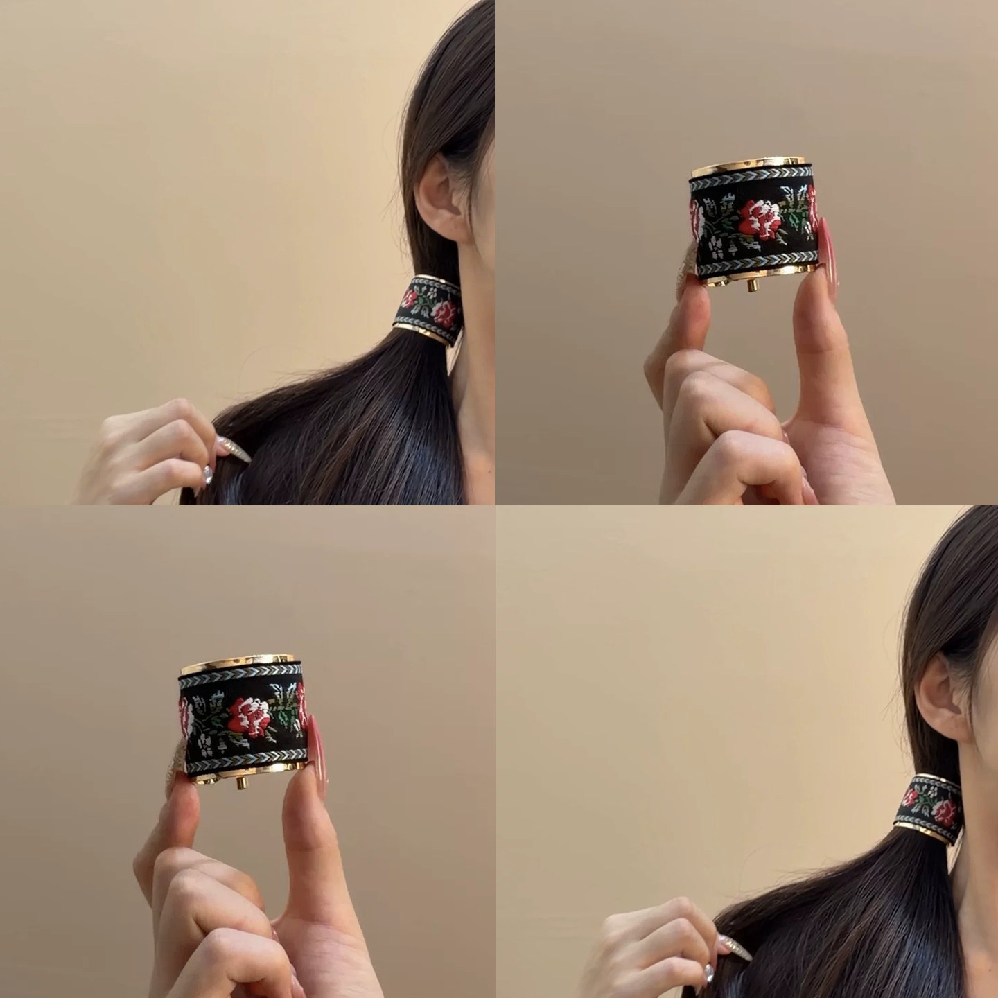 玫瑰刺绣马尾扣金边布艺束发环女图片