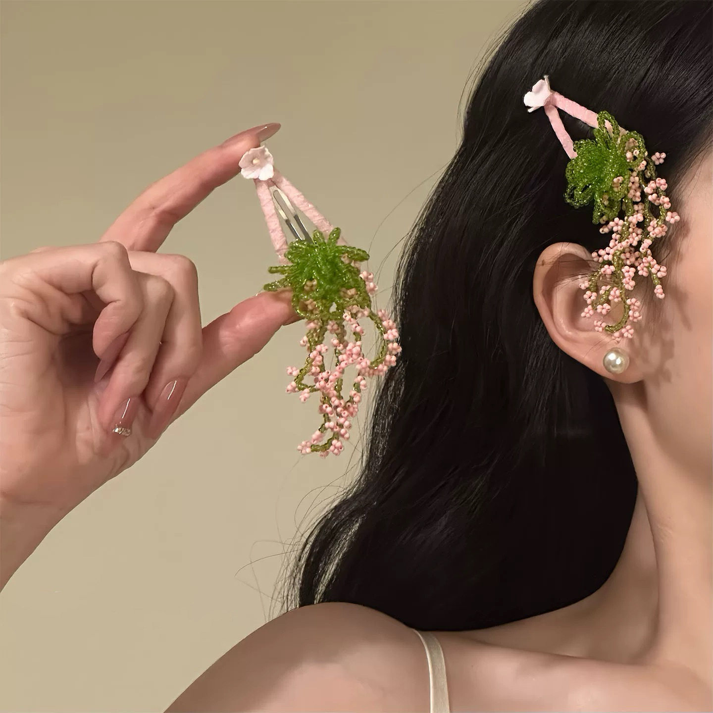春日花园~氛围感花朵串珠发夹女