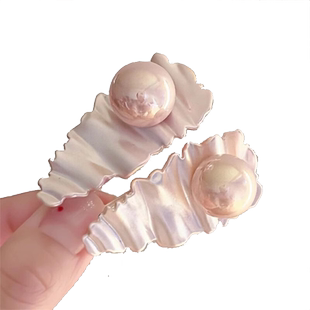 温婉出众！甜美粉色仿贝发夹！新款褶皱鸭嘴夹旅行发卡珍珠碎发夹