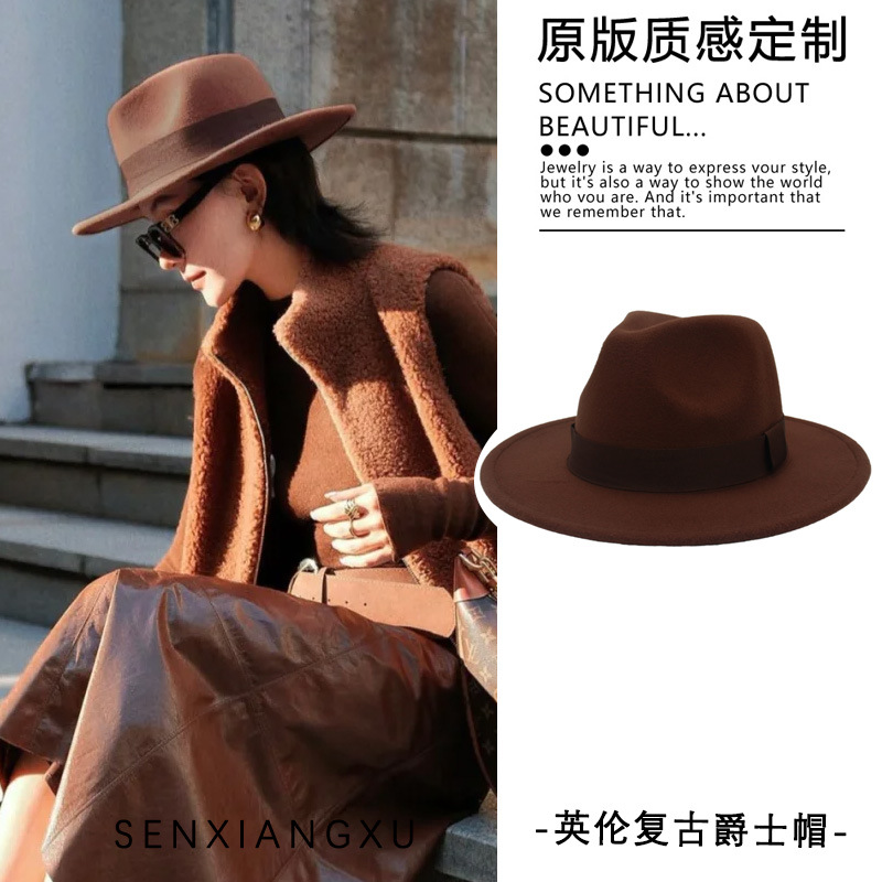 秋冬复古咖色爵士帽秋冬美拉德方块丝带礼帽大檐帽男女款法式毡帽