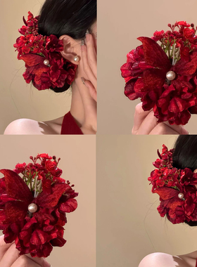 【绯红蝶弋】新中式红色蝴蝶花朵发夹女！氛围感古风喜庆头花发饰