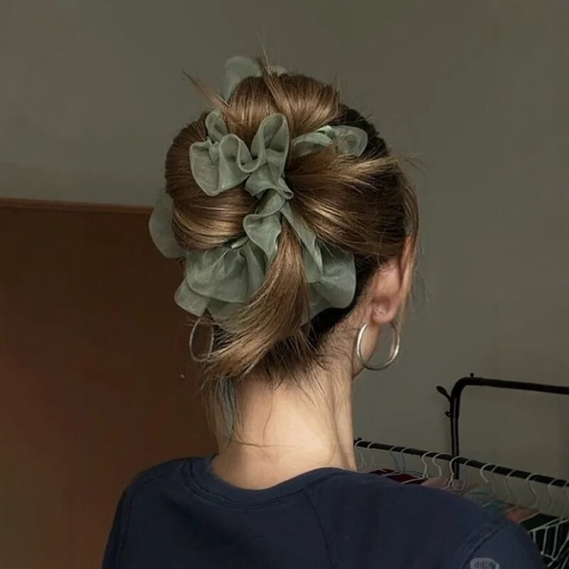 夏日清爽花苞头油画绿大肠发圈女