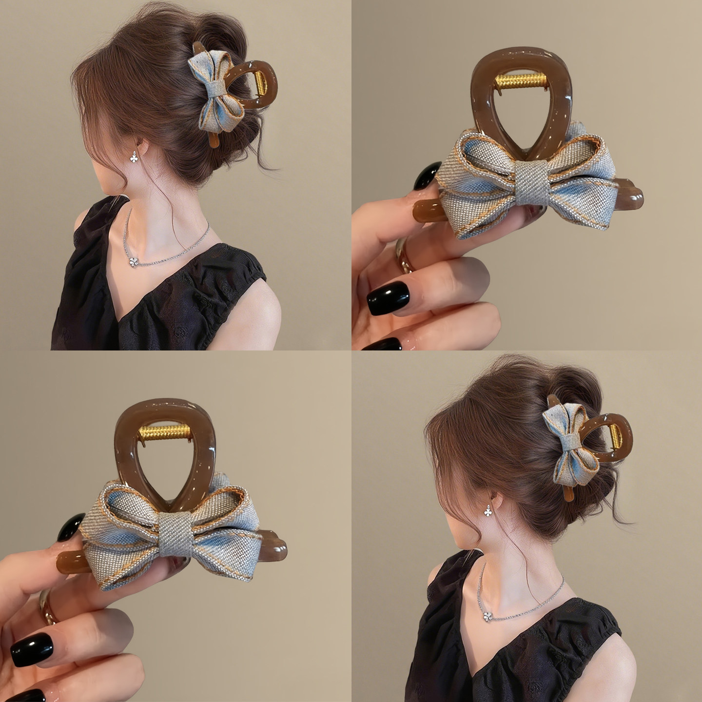 清新雅致！牛仔布艺蝴蝶结透明抓夹！时尚后脑勺抓夹鲨鱼夹女拎环