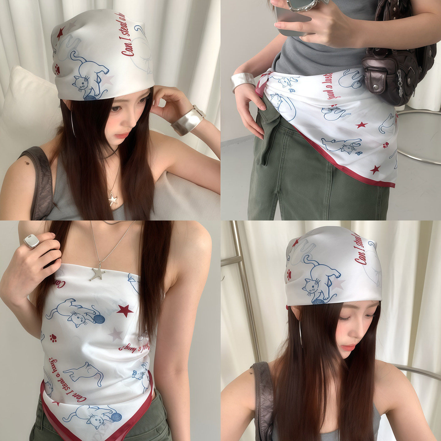 辣妹甜酷风小猫白色丝巾抹胸一片