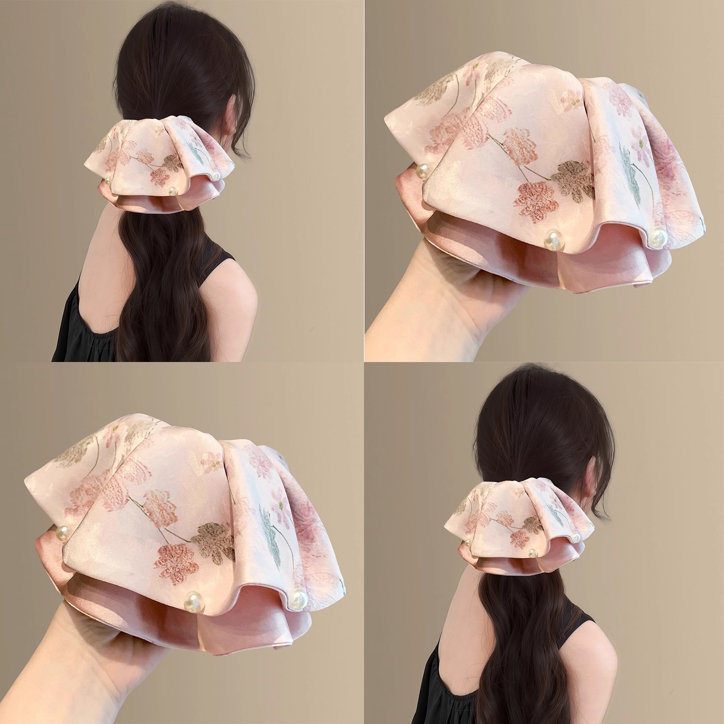 新中式淡雅印花缎面珍珠马尾夹气质温柔后脑勺复古抓夹发夹头巾遮