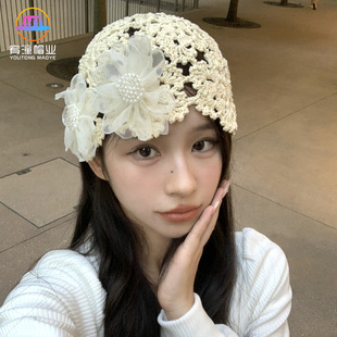 新款 2025夏季 珍珠花朵蕾丝帽女手工钩针编织镂空百搭包头堆堆帽子