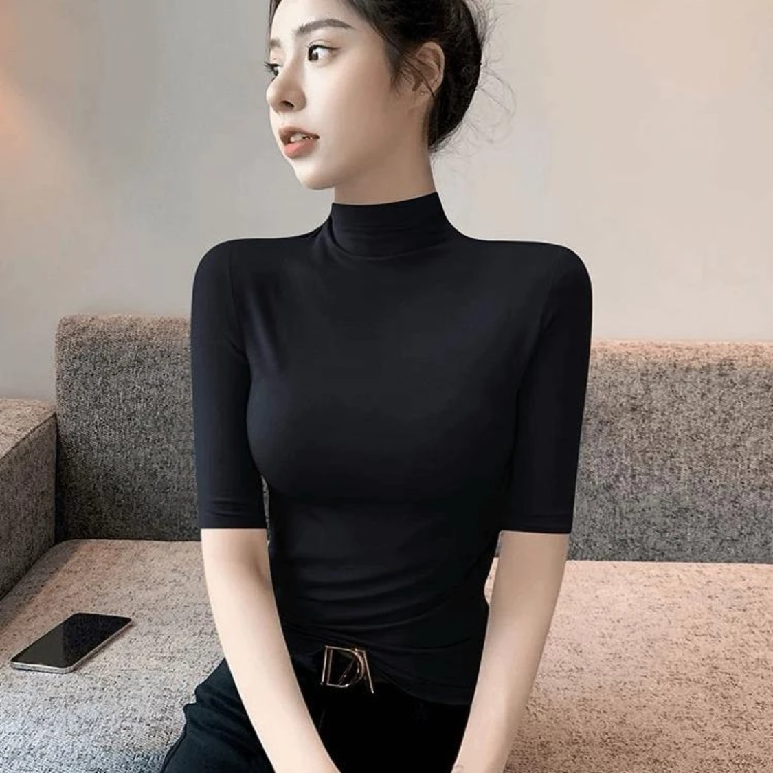 美美专柜正品半高领五分袖T恤百搭显瘦时尚纯色半袖打底衫女秋a7