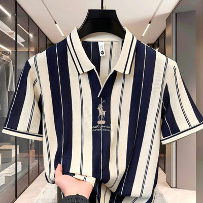 芙霖品质男装夏季剪刀领男士商务时尚短袖新款透气条纹休闲Poloa3