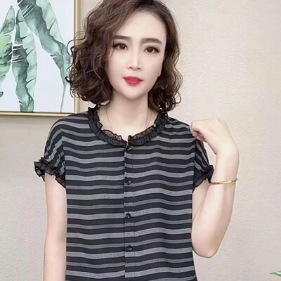 芸菲汇女装蕾丝边条纹短袖2026新款春夏女士气质减龄显瘦开衫Ta3