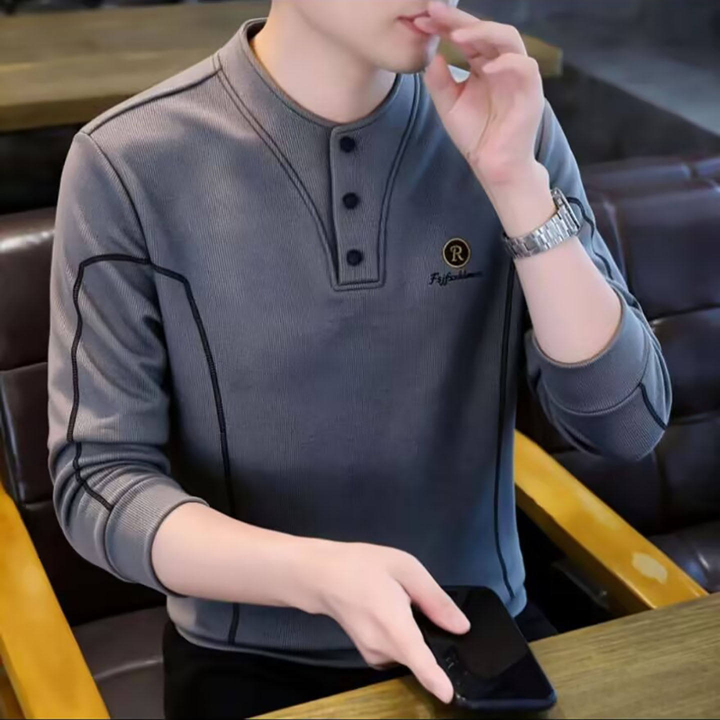 芸菲汇专卖店男装立领半开襟长袖卫衣春秋男士款撞色条纹T恤上a9