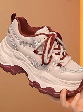 芙妮秋冬爆款加绒厚底达增高老爹鞋女灰红色百搭时尚潮流女鞋La15