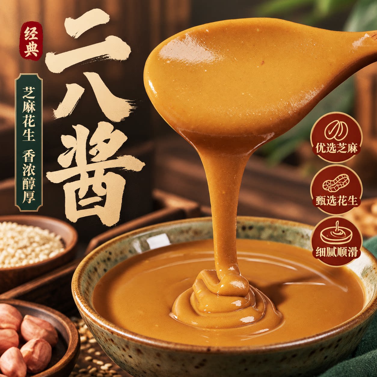 老北京二八酱正宗芝麻花生酱家用火锅蘸料热干拌面凉皮调料酱汁