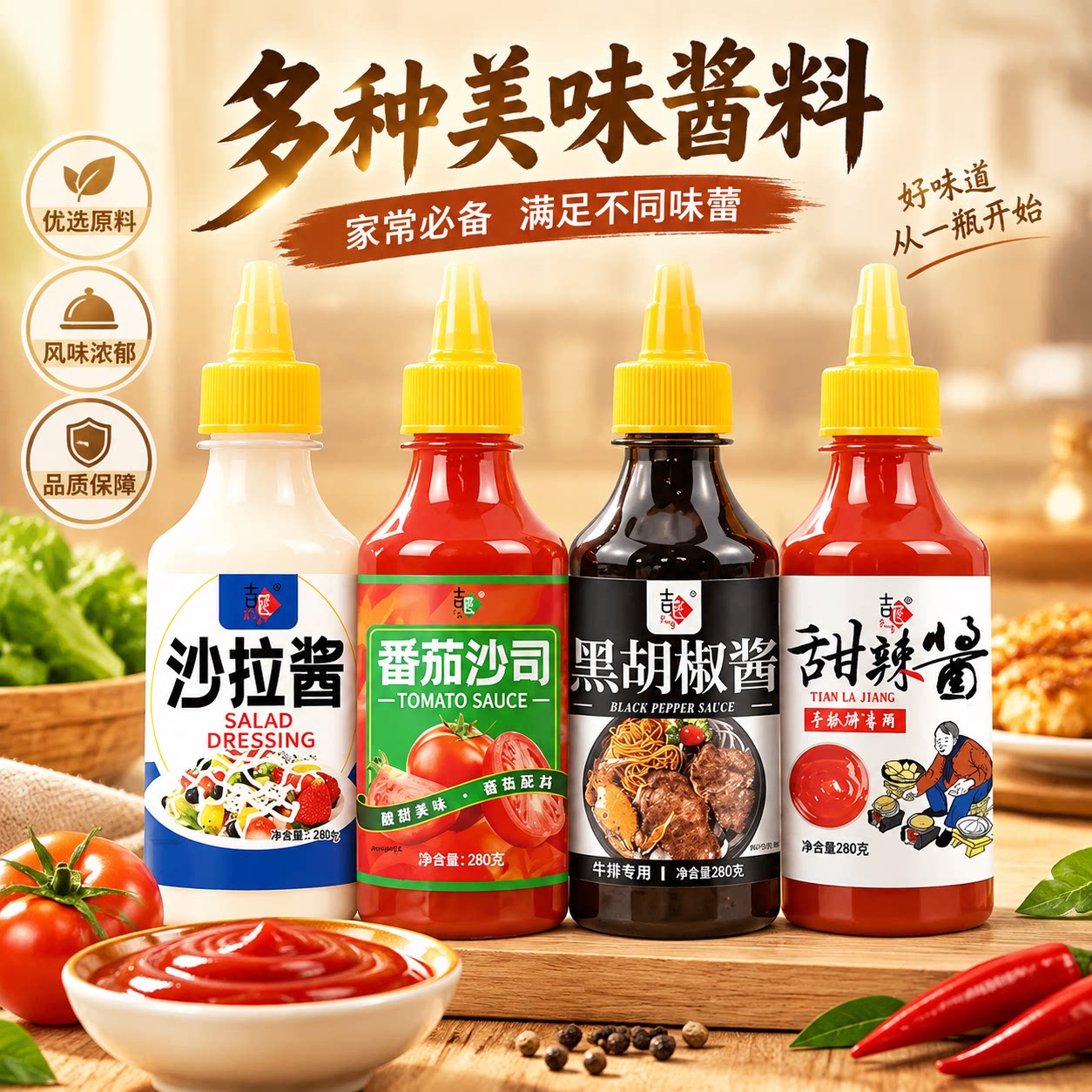 番茄沙司沙拉酱甜辣酱蜂黑胡椒组合装280g手抓饼寿司饭团