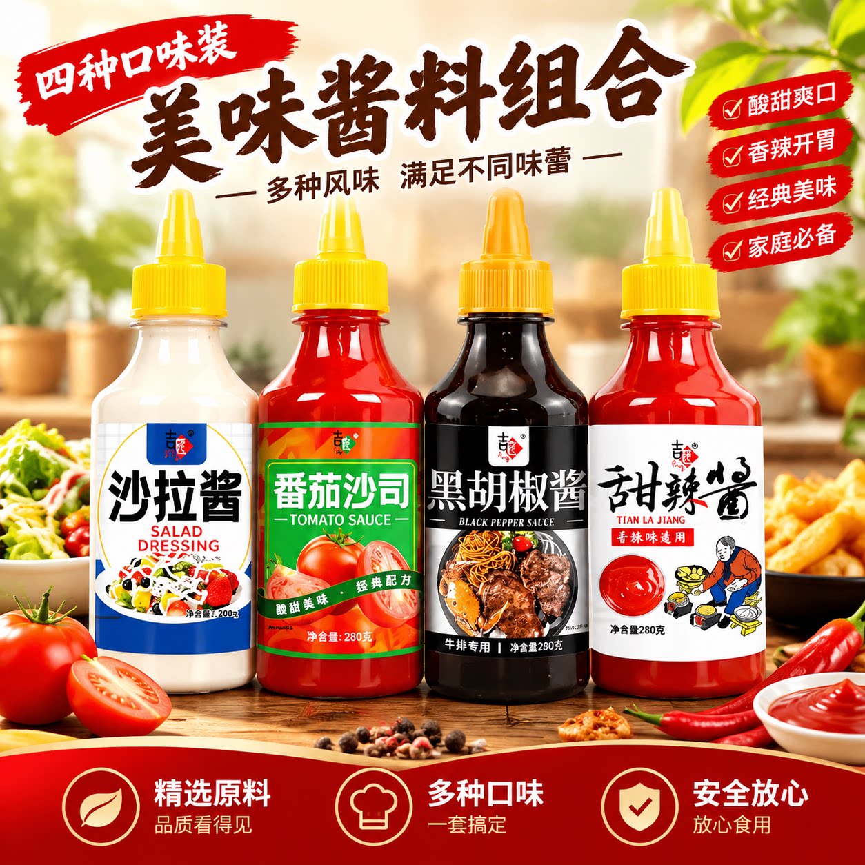 番茄酱沙拉酱黑胡椒酱甜辣酱280g酱组合手抓饼酱料沙司