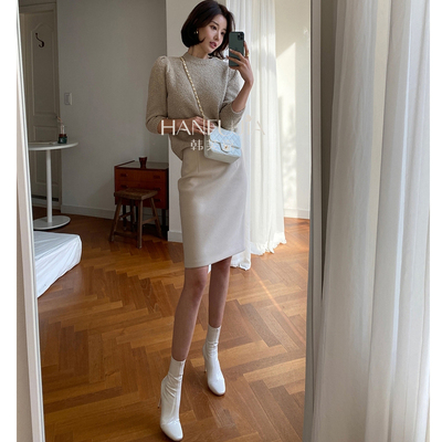 韩芙嘉秋冬新款半身裙包臀修身短裙纯色中裙高腰一步裙杏色西装裙