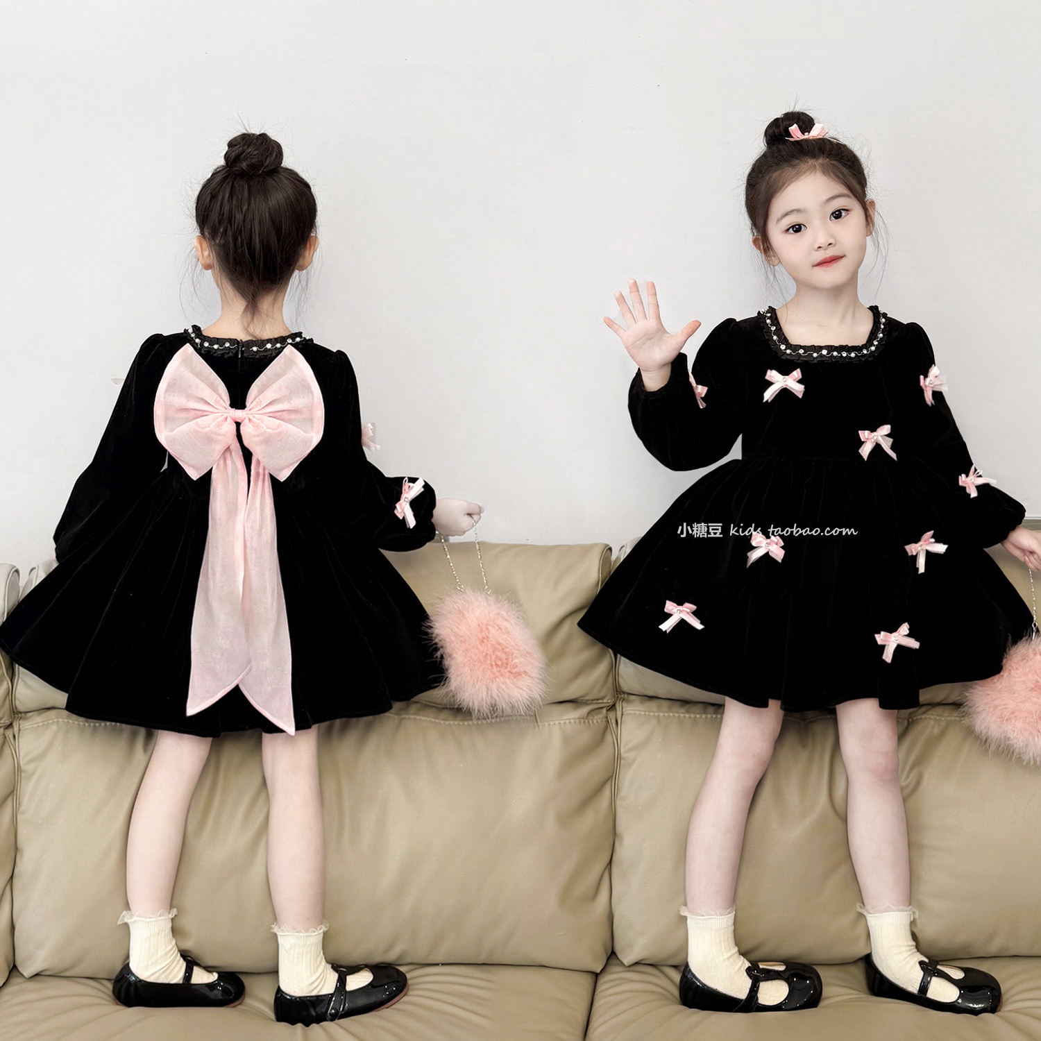 女童粉色蝴蝶结加绒丝绒连衣裙