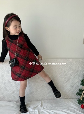女童红色格子毛呢背心裙2025秋冬新款女孩新年裙夹棉连衣裙生日裙