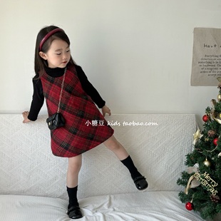 女童红色格子毛呢背心裙2025秋冬新款 女孩新年裙夹棉连衣裙生日裙