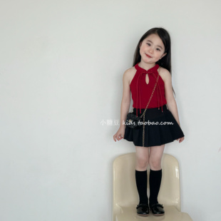 中国风女孩背心上衣百搭短T 新款 女童新中式 挂脖体恤上衣2025夏季