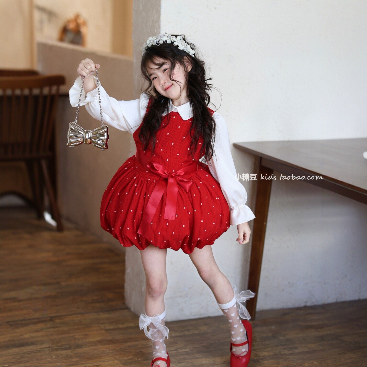 女童红色波点娃娃领连衣裙2026春季新款女孩假两件花苞裙公主裙子
