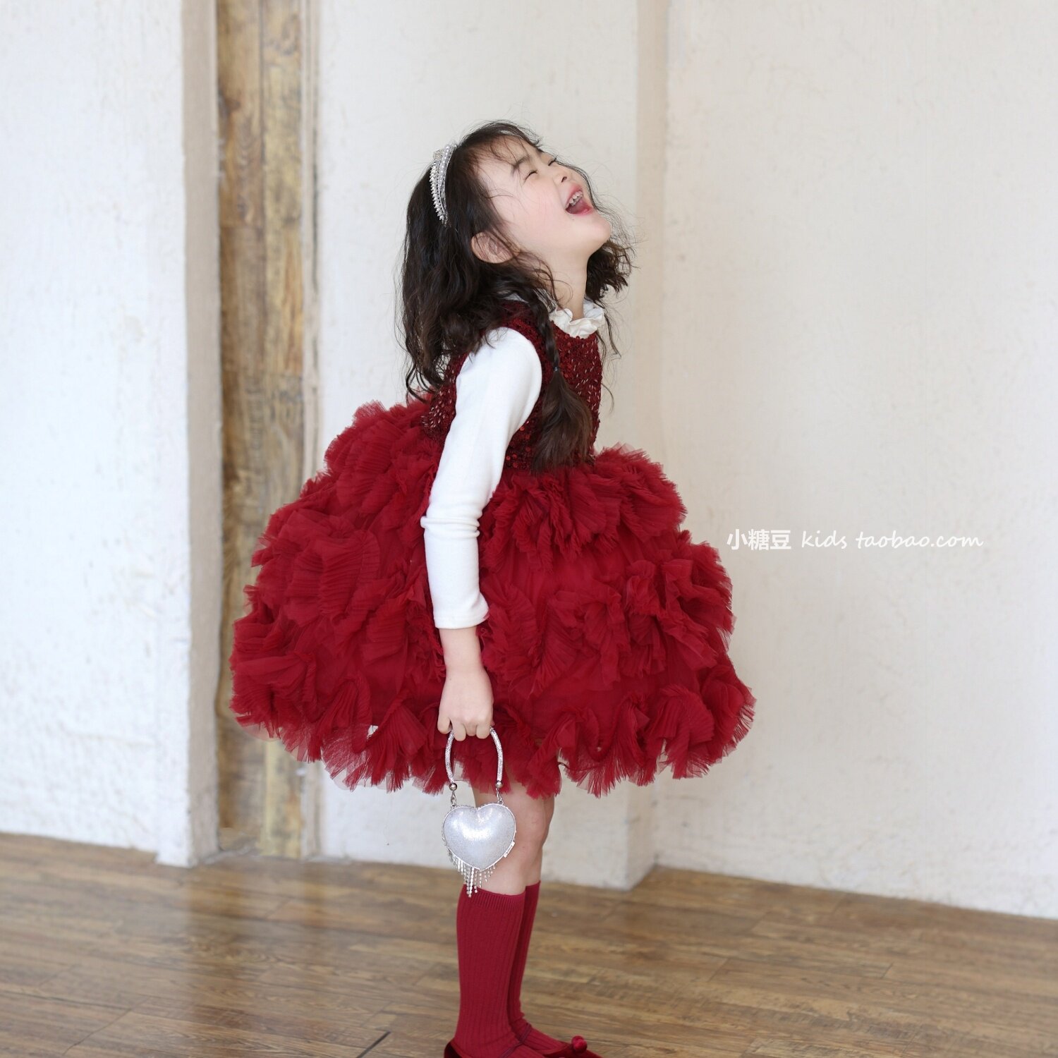 女童红色小香风网纱蛋糕裙连衣裙