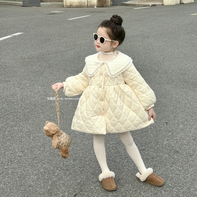 女童白色亮片刺绣夹棉连衣裙外套