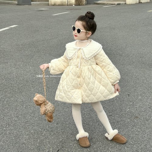 女童白色亮片刺绣夹棉连衣裙外套