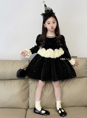 女童黑色闪闪丝绒拼接网纱连衣裙2025冬新款女孩圣诞公主裙礼服裙