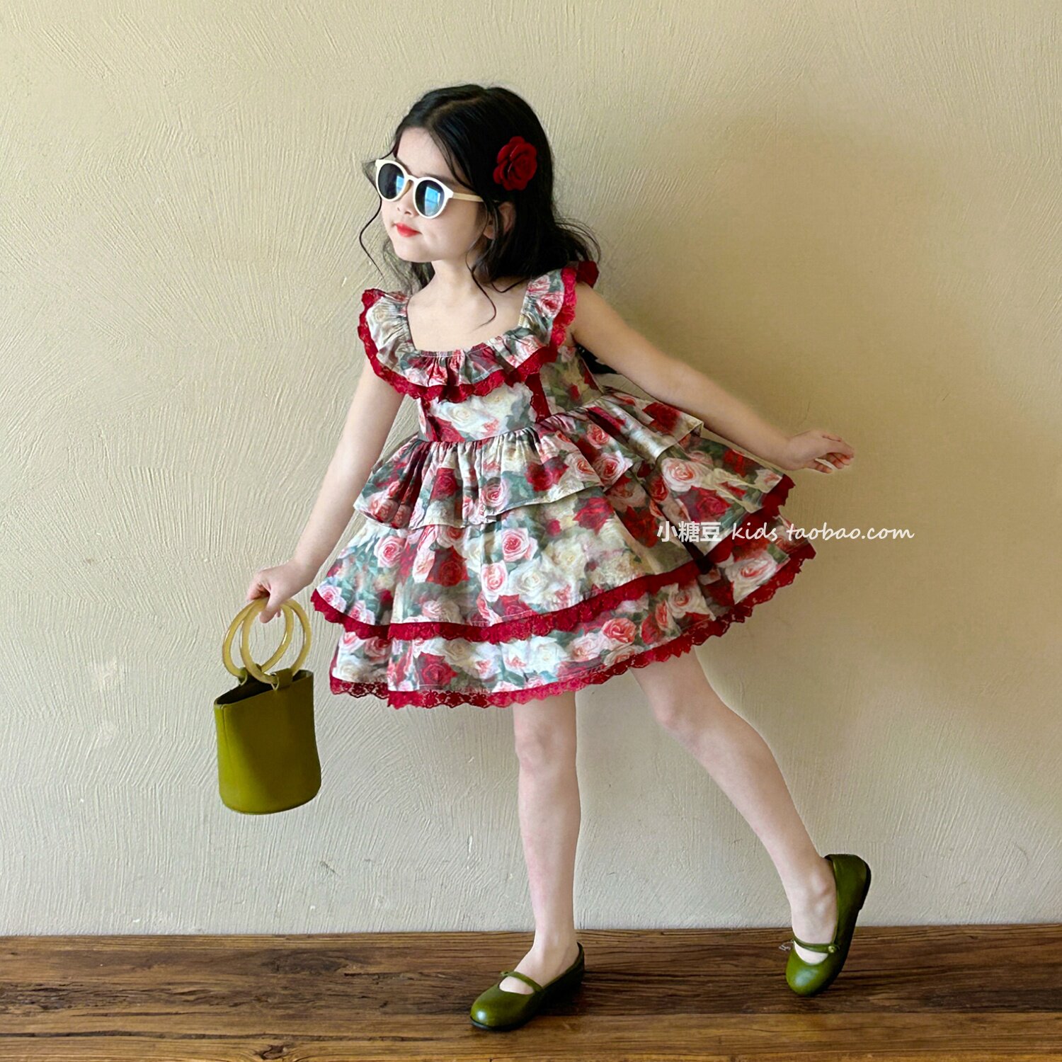 女童法式玫瑰花蛋糕裙连衣裙2026夏季新款女孩田园风碎花公主裙子