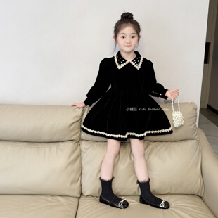 女童千金风黑色丝绒连衣裙2025秋季新款女孩高级感订钻领公主裙子