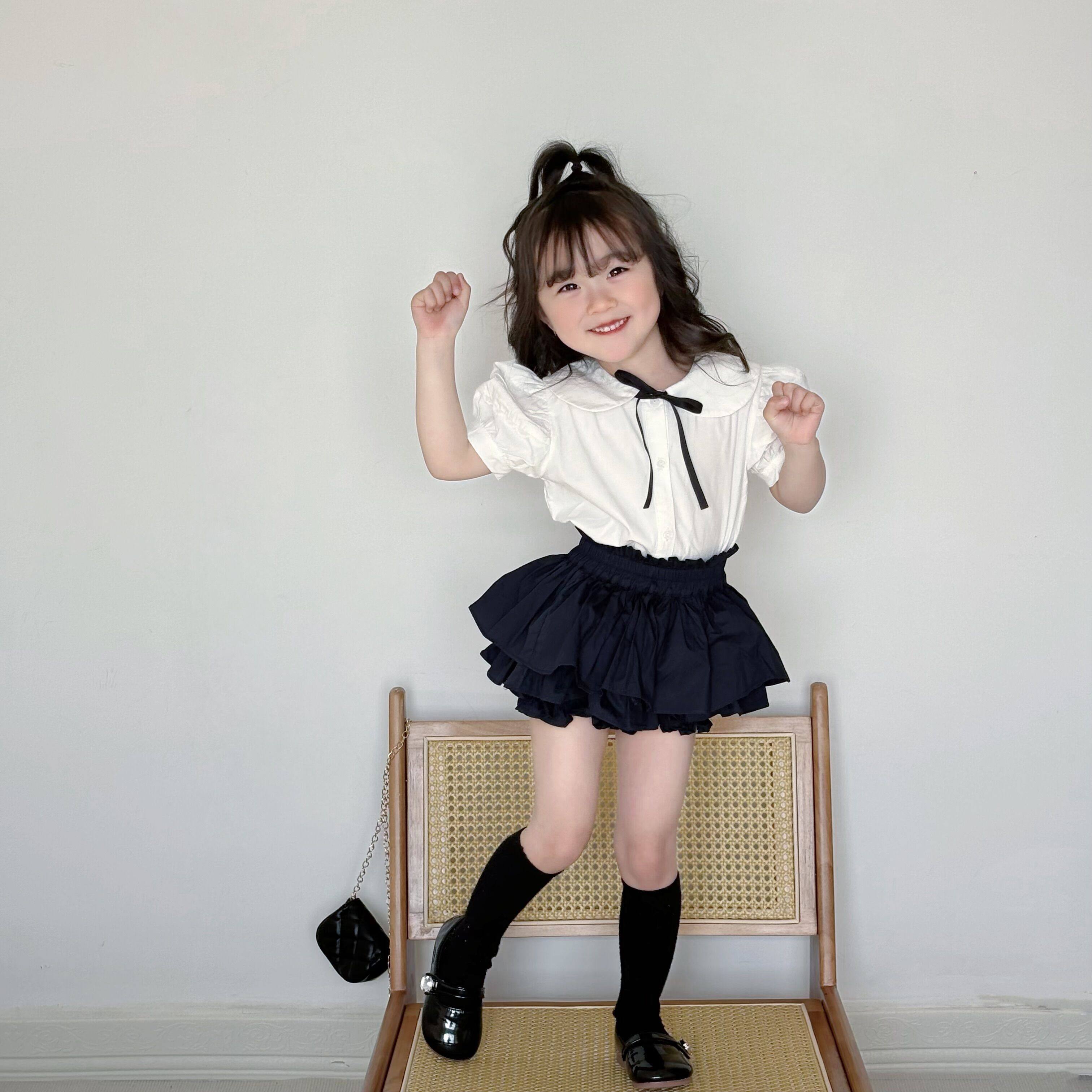 女童学院风短袖衬衣2026夏季新款女孩蝴蝶结娃娃领衬衫毕业照上衣