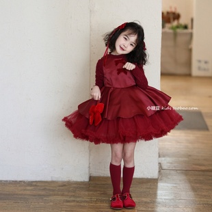 女童加绒红色网纱蛋糕裙背心裙2025冬季女孩公主裙tutu裙新年礼服
