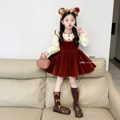 女童法式甜美加绒丝绒连衣裙