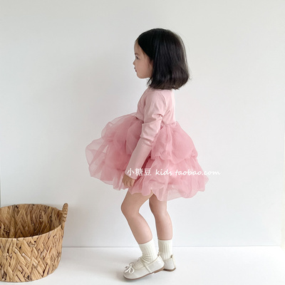 女童粉色长袖网纱蓬蓬公主裙