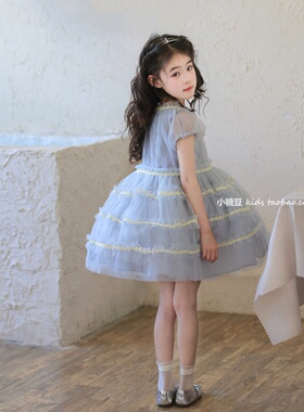 女童蓝色网纱蛋糕裙连衣裙2026夏季新款女孩小花朵刺绣蓬蓬公主裙