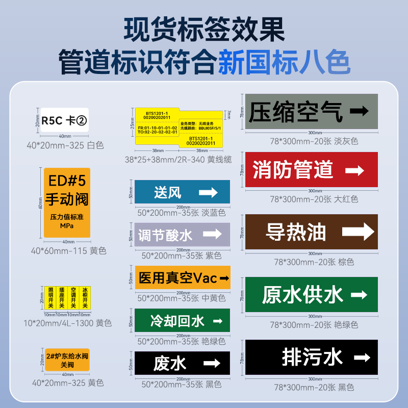 精臣M2/M3国标管道标识贴纸化工流向色环箭头标识工业进水回水废水压缩空气指示消防警示阀门不干胶标签纸图片