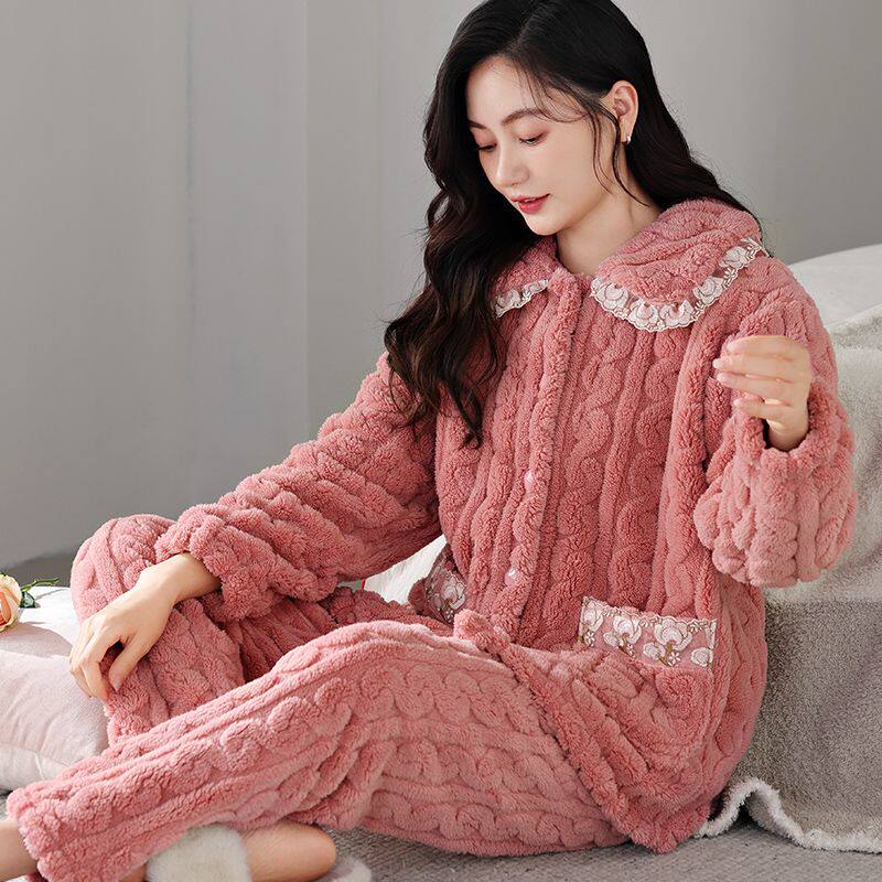 韩版卡通珊瑚绒睡衣女加