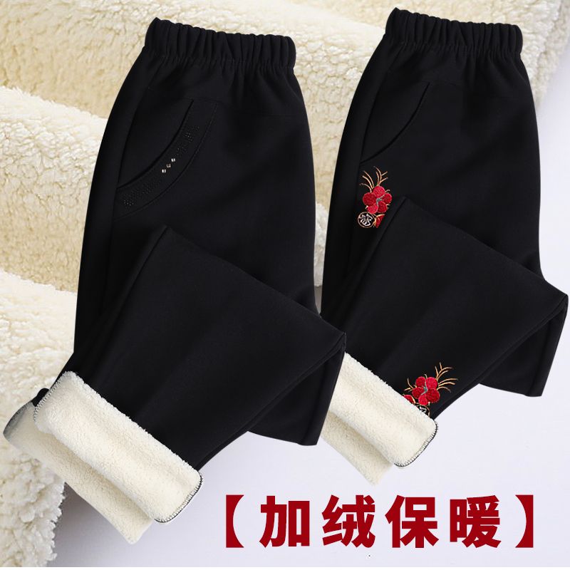 中老年女裤子绣花高腰松紧弹