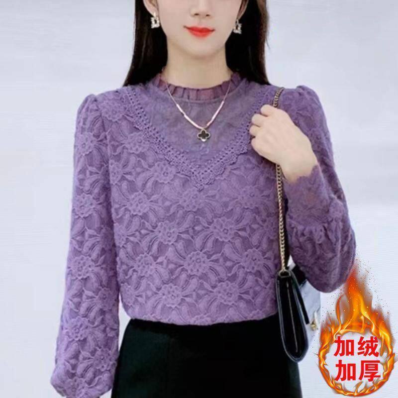 加绒加厚镂空蕾丝打底衫女长
