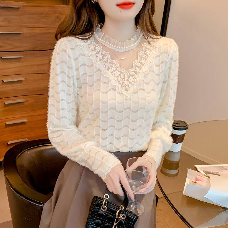 加绒加厚蕾丝打底衫女秋冬