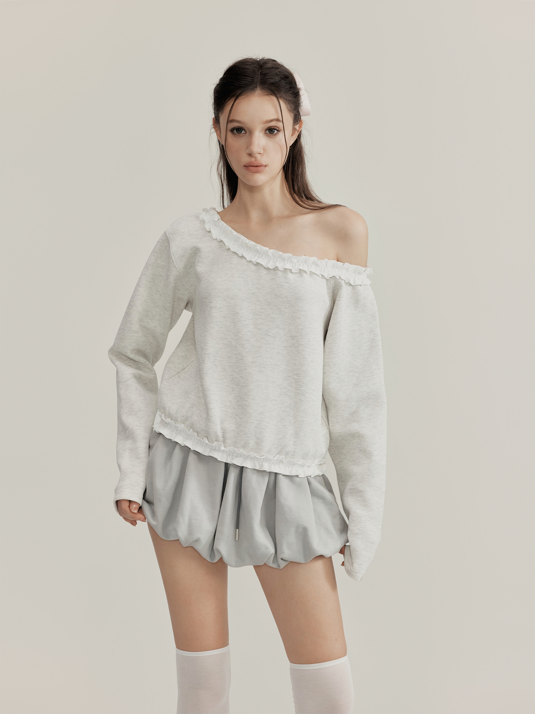 Nomeansno Air Layer Gray Ruffle Shoulder Sweatshirt - Product image 2