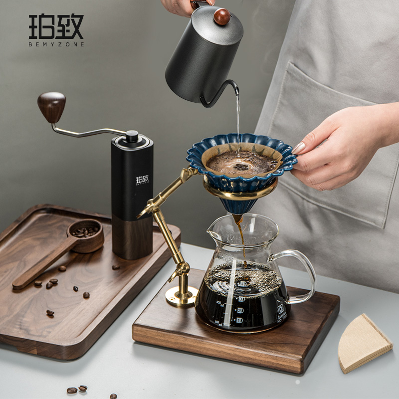 手冲咖啡壶支架套装黄铜复古胡桃木过滤器具滴漏玻璃滤杯细口壶磨