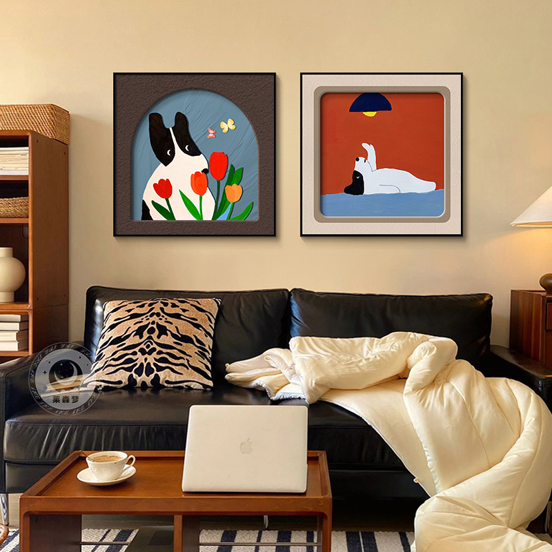 中古风饭厅装饰画画治愈系走廊过道壁画画覆古风小狗客厅卧室床头