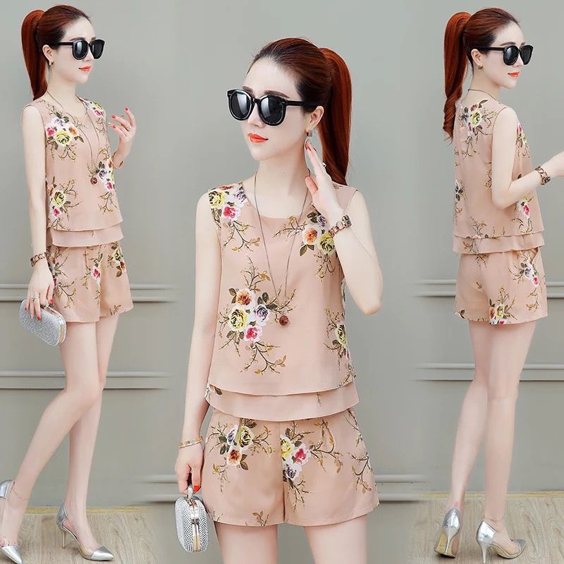 时尚短裤套装女2023夏装新款碎花无袖雪纺衫上衣阔腿裤两件套洋气