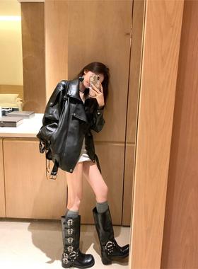 黑色皮衣外套女2025春秋新款酷飒风小个子爆款机车气质覆古高级感