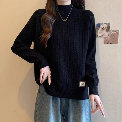 半高领打底衫黑色毛衣女2025秋冬新款大码胖mm欧货针织衫正肩上衣