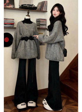 韩系一整套深冬穿搭慵懒风收腰蝴蝶结针织毛衣高腰宽松阔腿裤套装