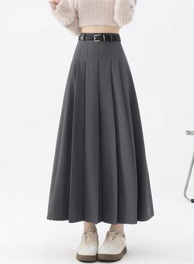 灰色百褶西装裙女春秋半身裙高腰休闲大摆a字秋冬毛呢过膝中长裙