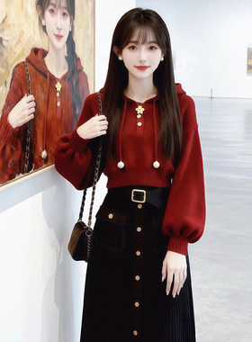 冬装2026超火穿搭一整套韩系红色新年独特漂亮气质卫衣裙子两件套