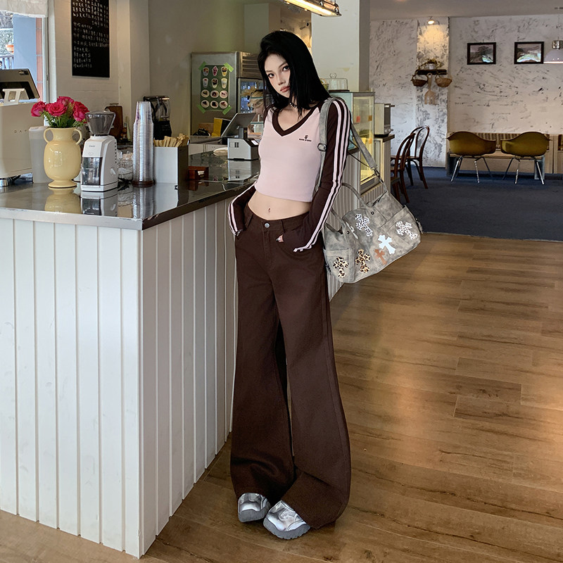 咖啡色阔腿牛仔裤女2025年秋冬新款高腰直筒宽松百搭慵懒风拖地裤
